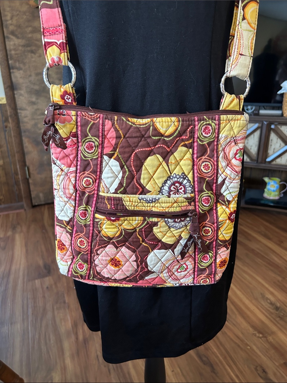 Vera Bradley Quilted Crossbody in Brown, Pink & Yellow Floral Print